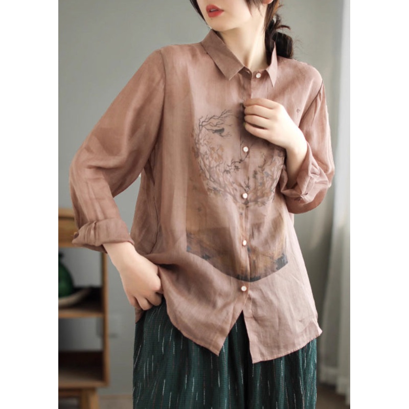 Skin Pink Print Ramie Shirts Long Sleeve