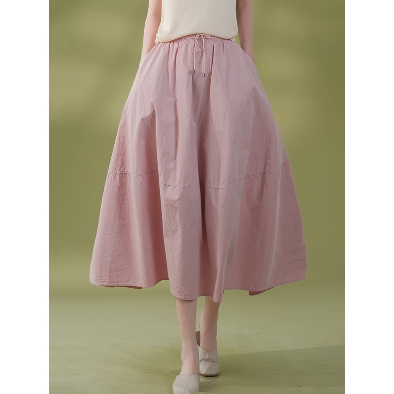 Solid Color Loose Pocket Drawstring Cotton Skirt