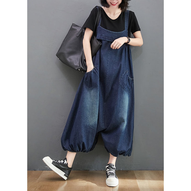 Style Navy Pockets Patchwork Denim Lantern Jumpsuit