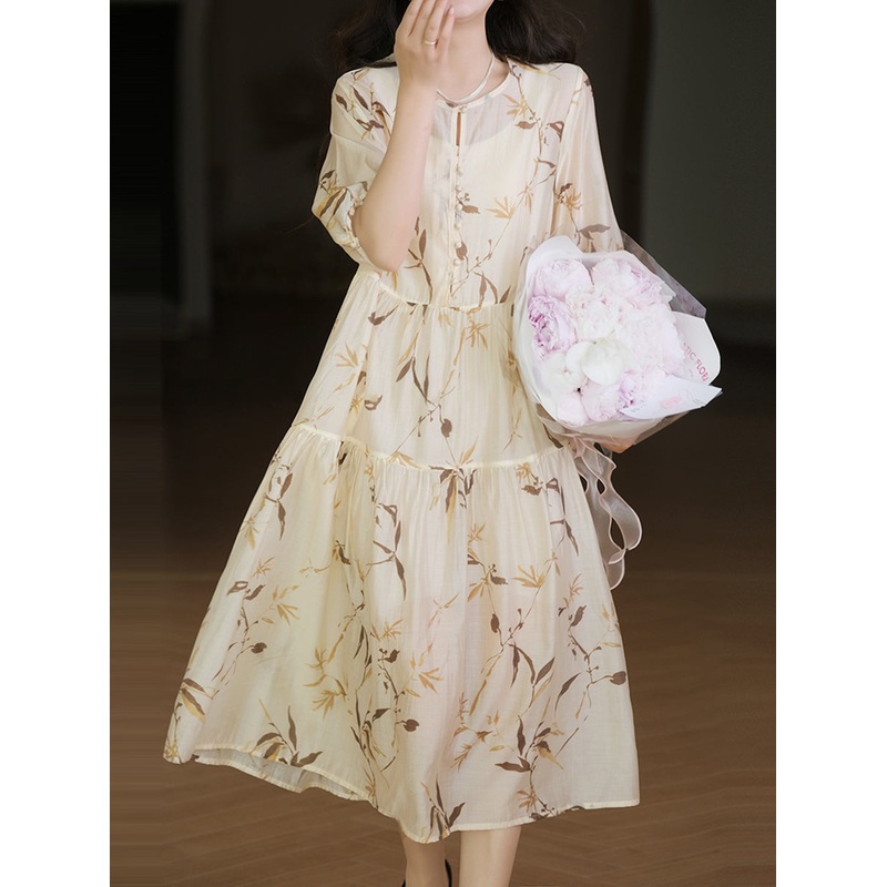 Summer Arts Leaf Print Drawstring Pleated Loose Dress