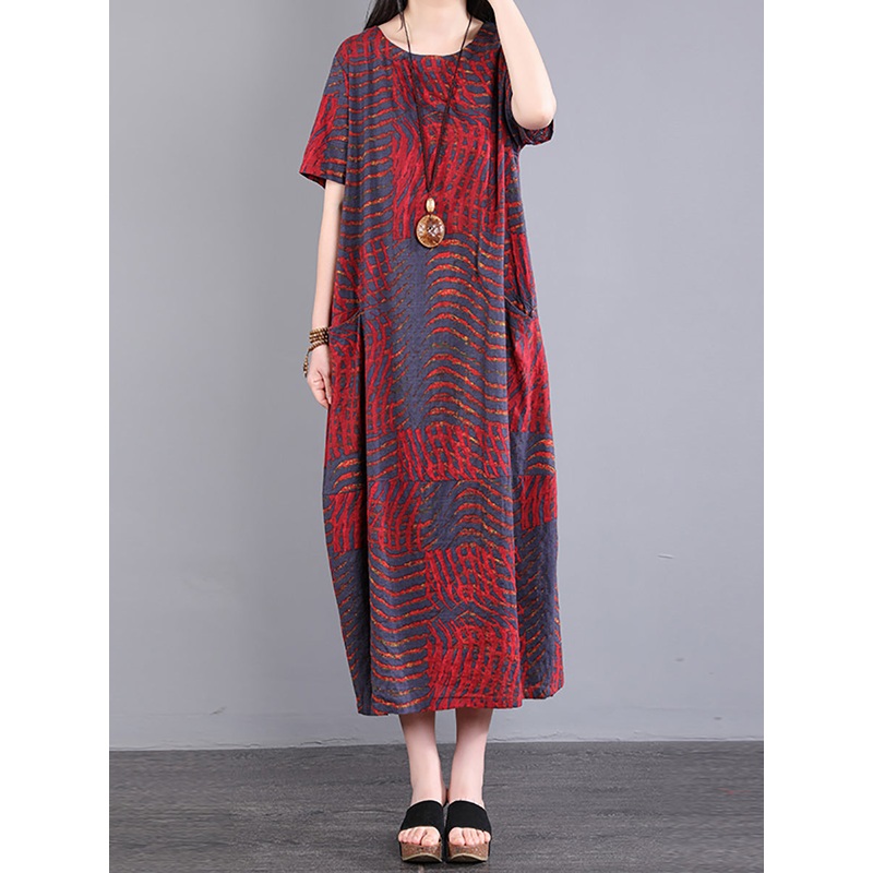 Summer Casual Stripe Dot Loose Cotton Long Dress