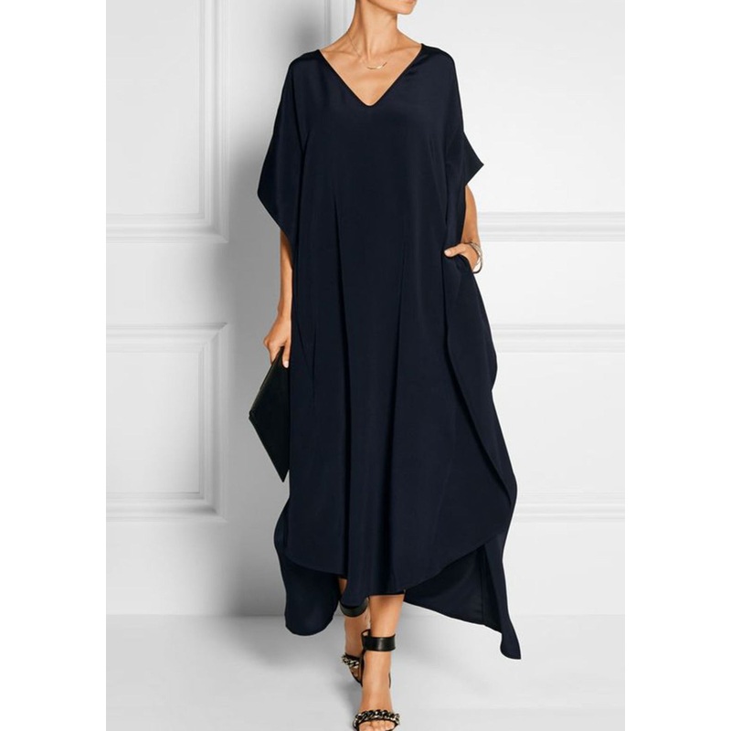 Summer Elegant Black V Neck Maxi Dress Short Sleeve