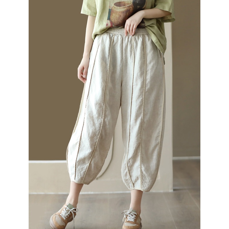 Summer Solid Color Spliced Linen Loose Harem Pants