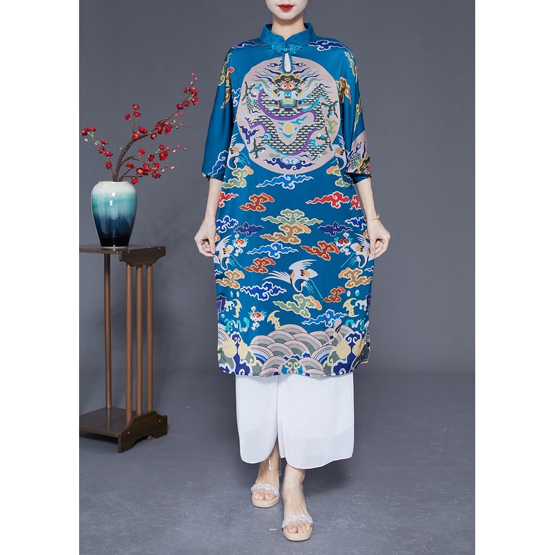 Unique Blue Stand Collar Side Open Silk Chinese Style Dress Half Sleeve
