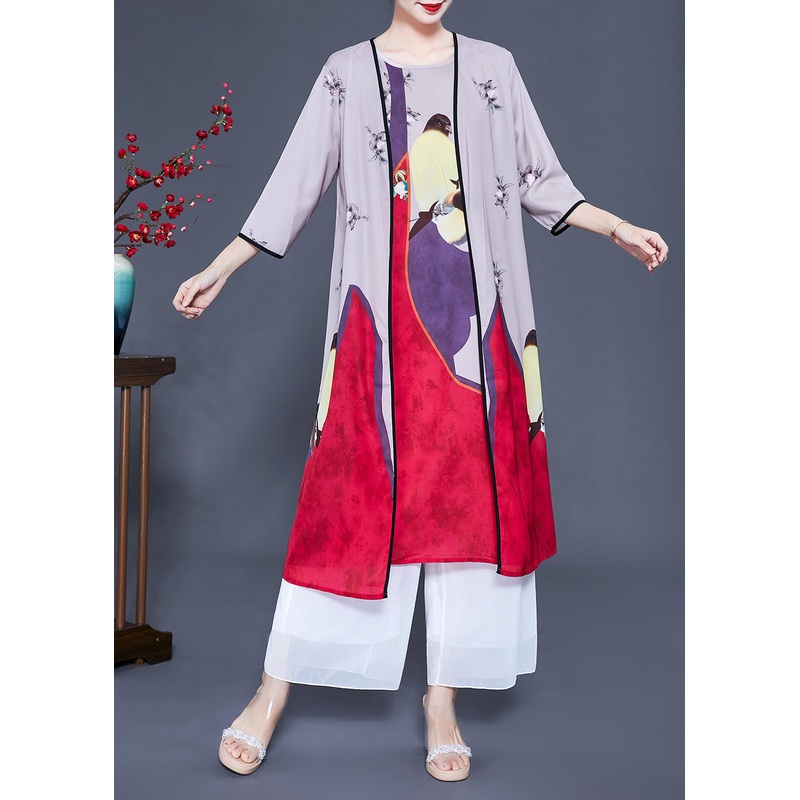 Unique Colorblock Oversized Print Silk Cardigans Two Pieces Set Spring
