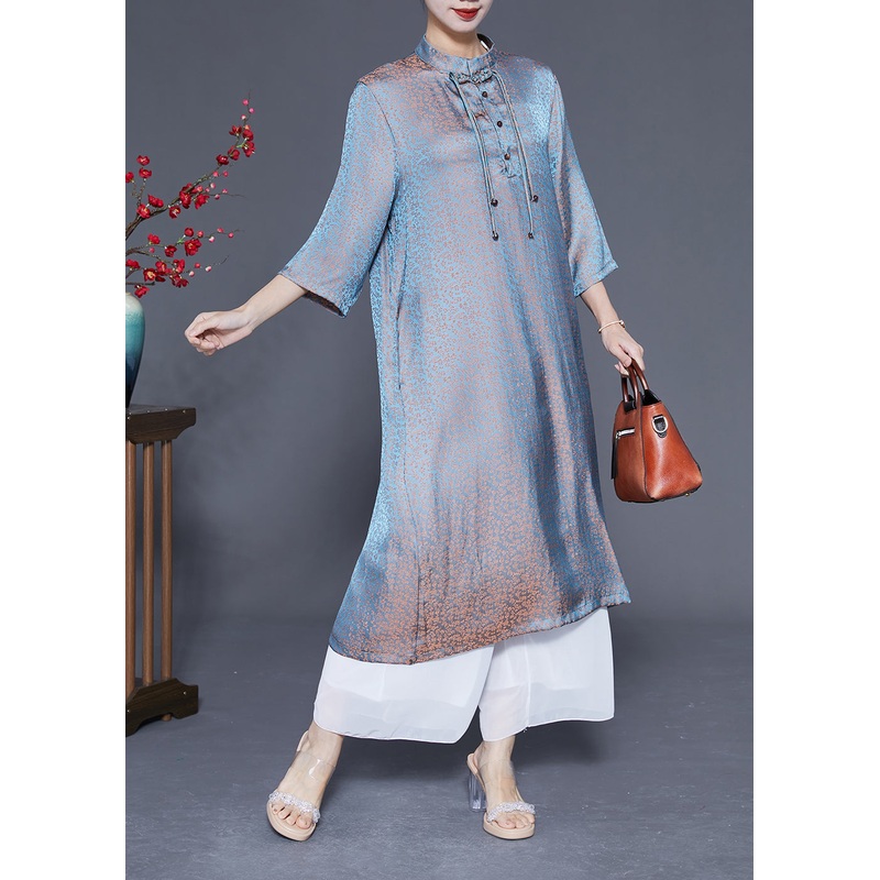 Unique Light Blue Stand Collar Tassel Gradient Color Silk Dresses Bracelet Sleeve