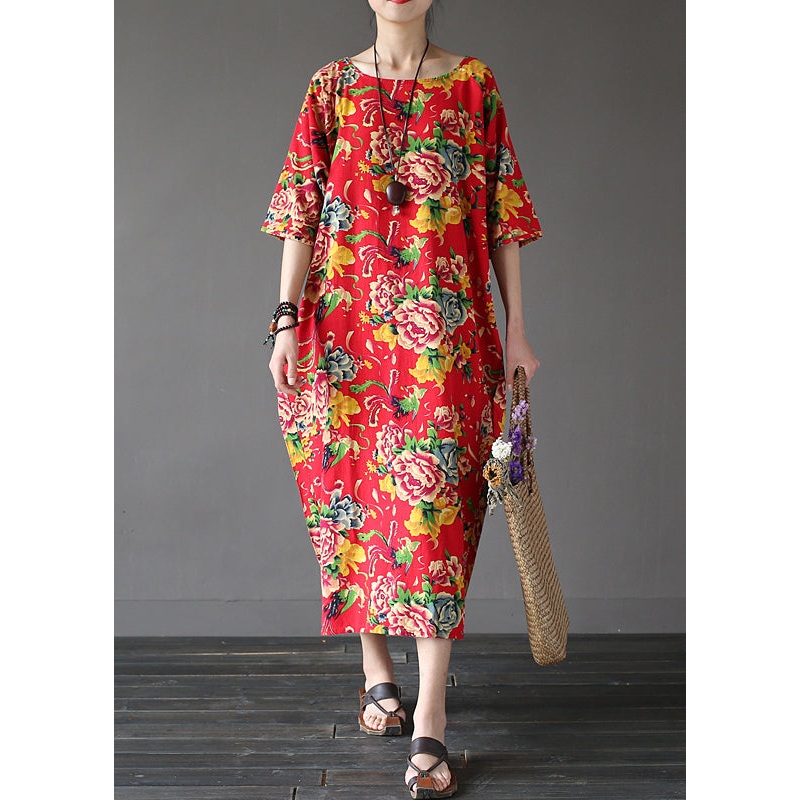 Unique Red O-Neck Print Holiday Cozy Maxi Dress Summer