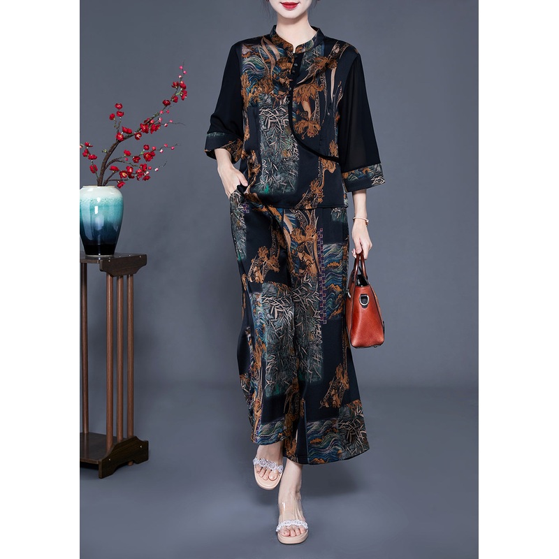 Vintage Black Stand Collar Patchwork Print Silk Two Pieces Set Bracelet Sleeve