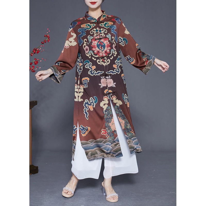 Vintage Brown Mandarin Collar Chinese Button Side Open Silk Trench Spring