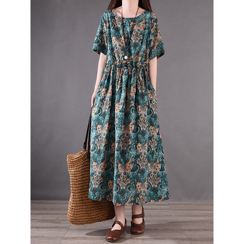 Vintage Flower Pleated Drawstring Loose Cotton Dress