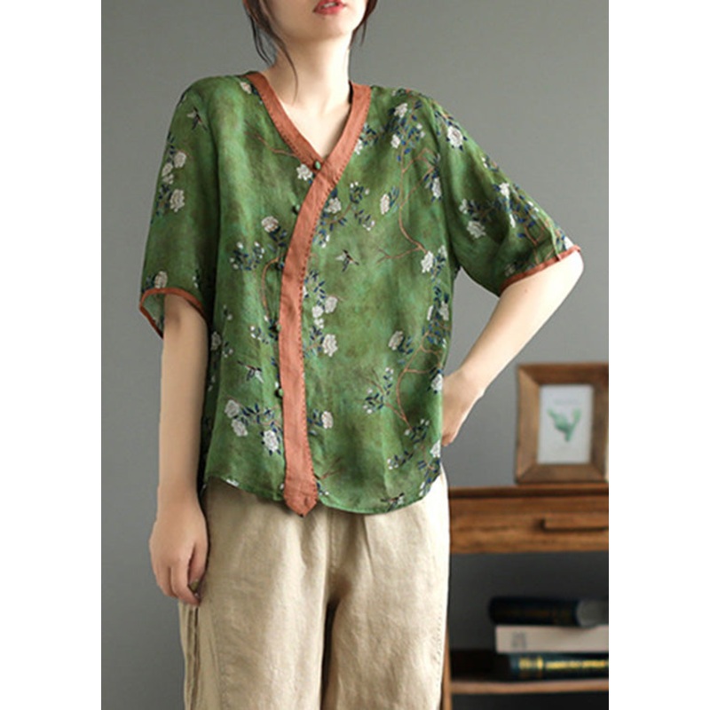 Vintage Green Print Ramie T Shirt Summer