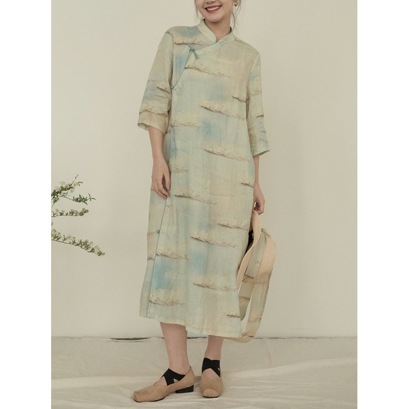 Vintage Print National Cotton Long Robe Dress