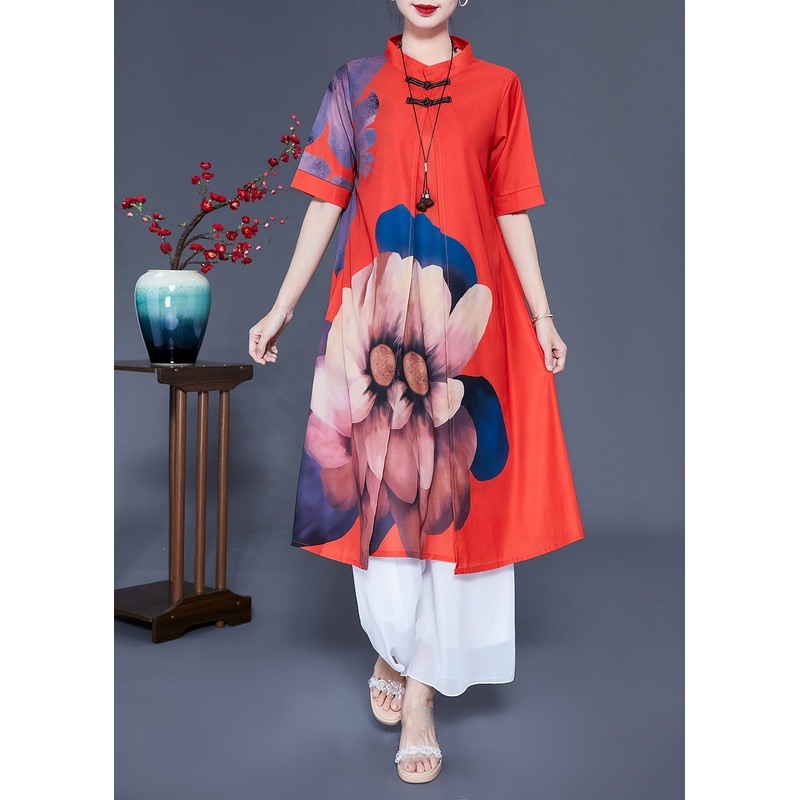 Vintage Red Chinese Button Floral Print Silk Two Pieces Set Summer