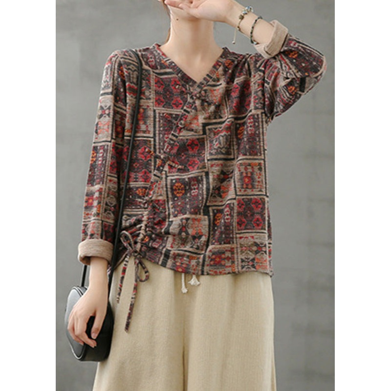 Vintage V Neck Print Drawstring Top Spring