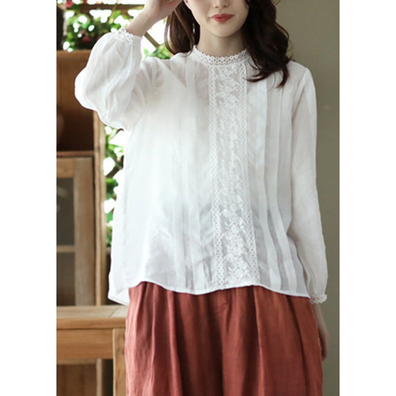 White O-Neck Wrinkled Solid Ramie Top Spring