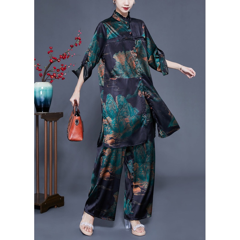 Women Blackish Green Print Ruffled Tassel Side Open Silk Two Pieces Set Spring