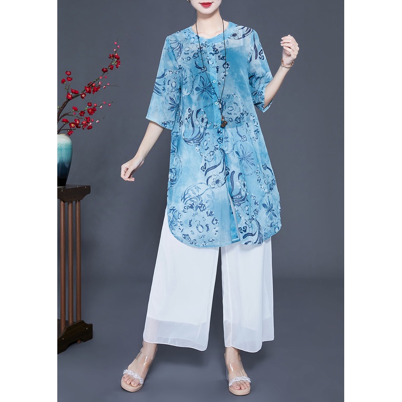 Women Blue Print Oversized Side Open Long Shirts And Pants Two-Piece Set Summer