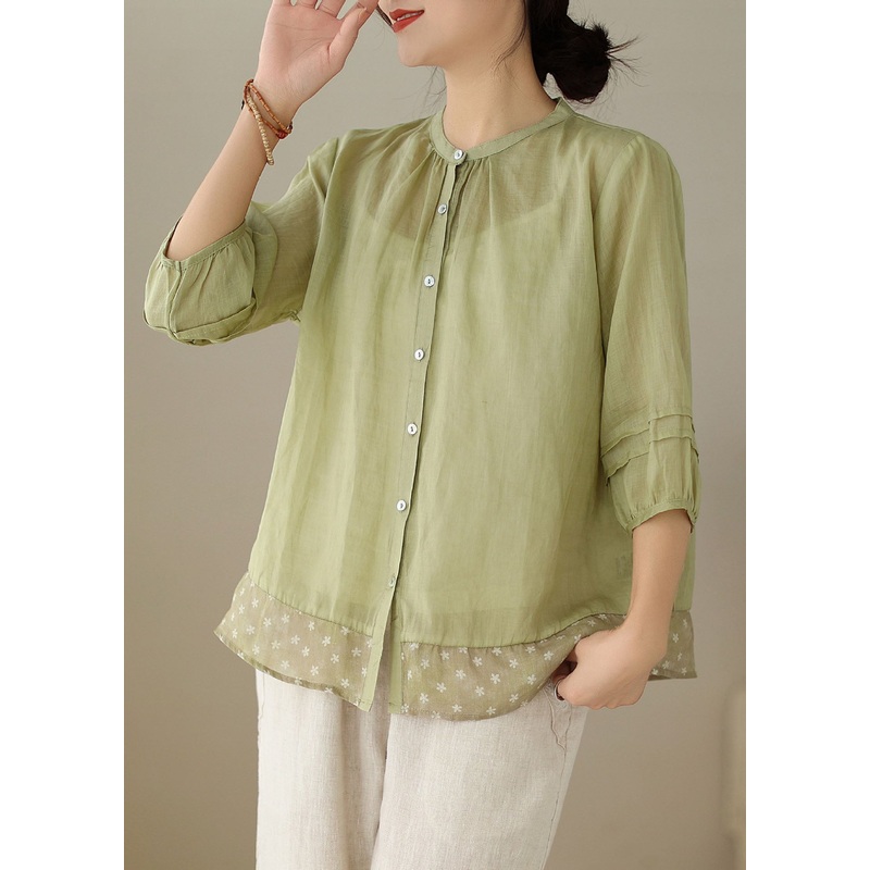Women Green Stand Collar Print Patchwork Linen Shirt Tops Summer