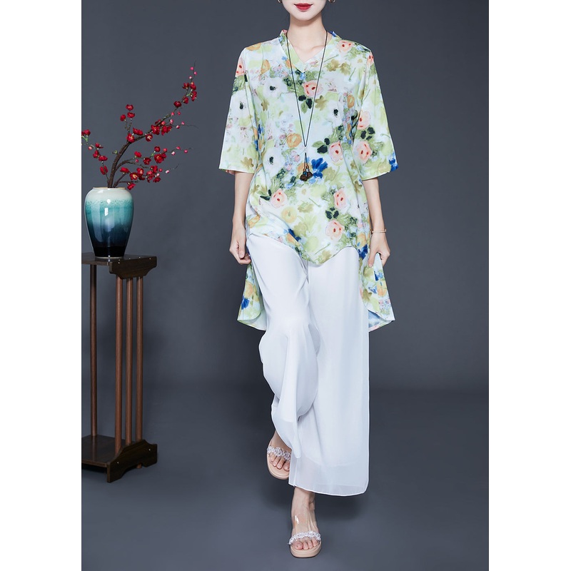 Women Light Green Print Low High Design Chiffon Two-Piece Set Summer