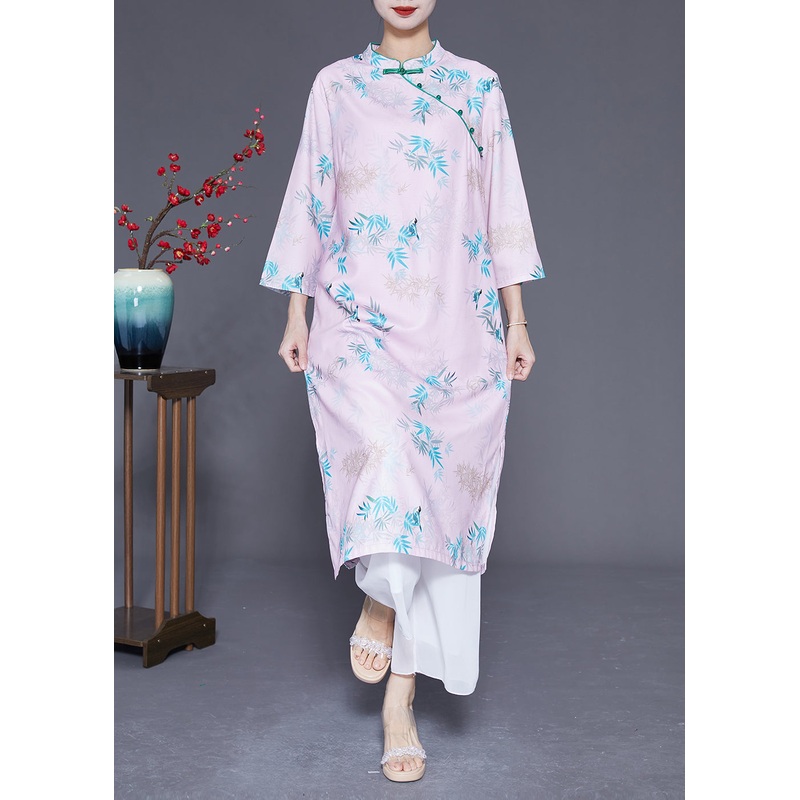 Women Light Pink Mandarin Collar Print Cotton Dresses Bracelet Sleeve