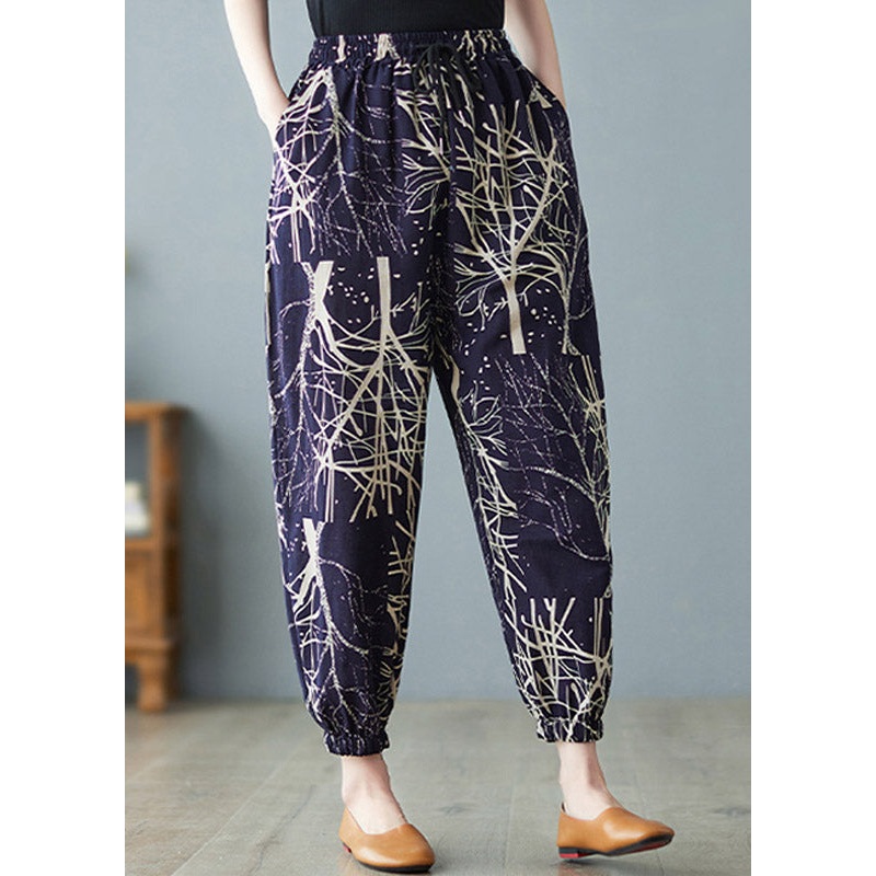 Women Navy Elastic Waist Print Harem Pants Summer