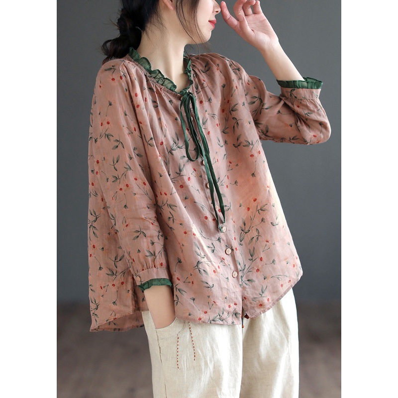 Women Neck Tie Ruffled Print Low High Design Linen Shirt Long Sleeve