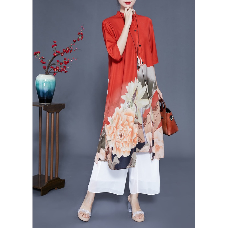 Women Orange Stand Collar Print Side Open Silk Women Sets 2 Pieces Half Sleeve