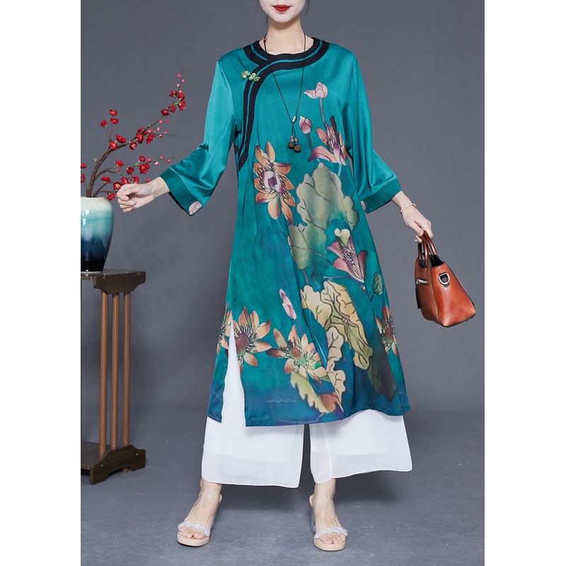 Women Peacock Blue Print Side Open Silk Holiday Dress Bracelet Sleeve