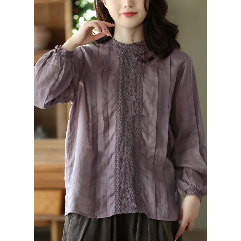 Women Purple Lace Patchwork Solid Ramie Shirt Long Sleeve