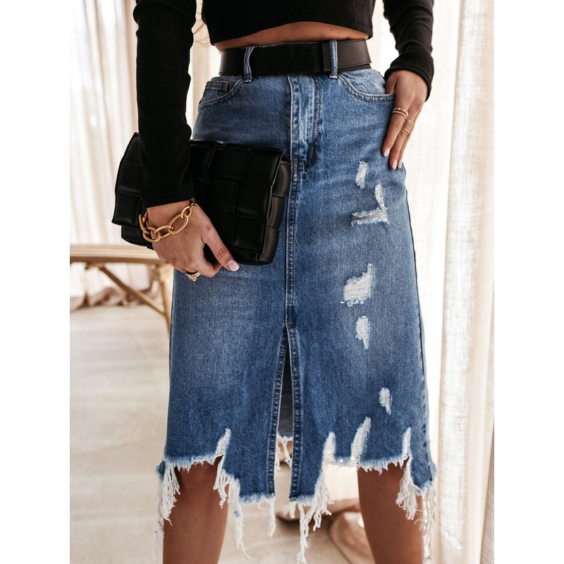 Women's Summer Ripped Fringed Irregular Hem Denim Skirt