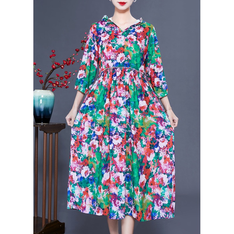 Women Slim Fit Hooded Ruffled Print Silk Long Dresses Summer