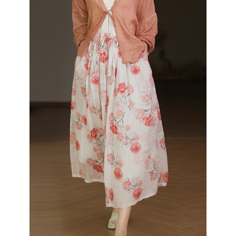 Women Summer Artsy Flower Drawstring Pocket Ramie Skirt