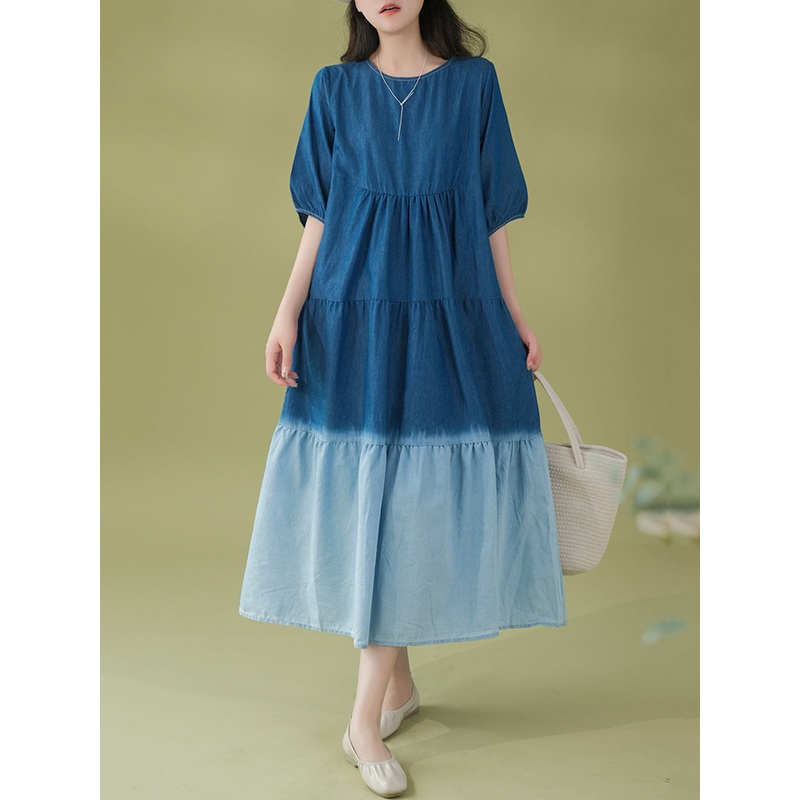 Women Summer Casual Gradient Pleated Loose Denim Dress