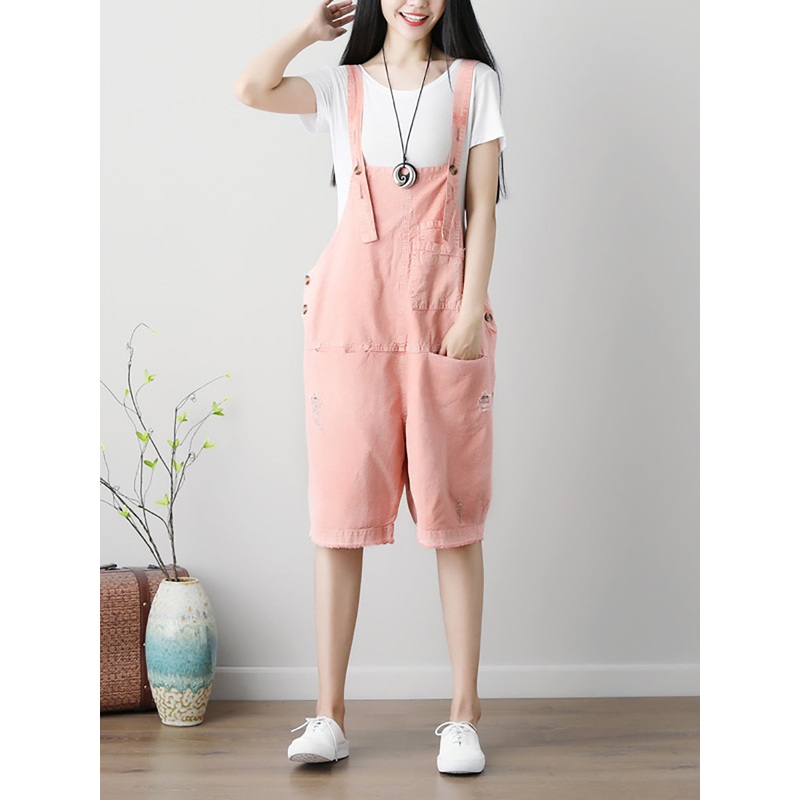 Women Summer Casual Solid Button Jumpsuits With Pockets