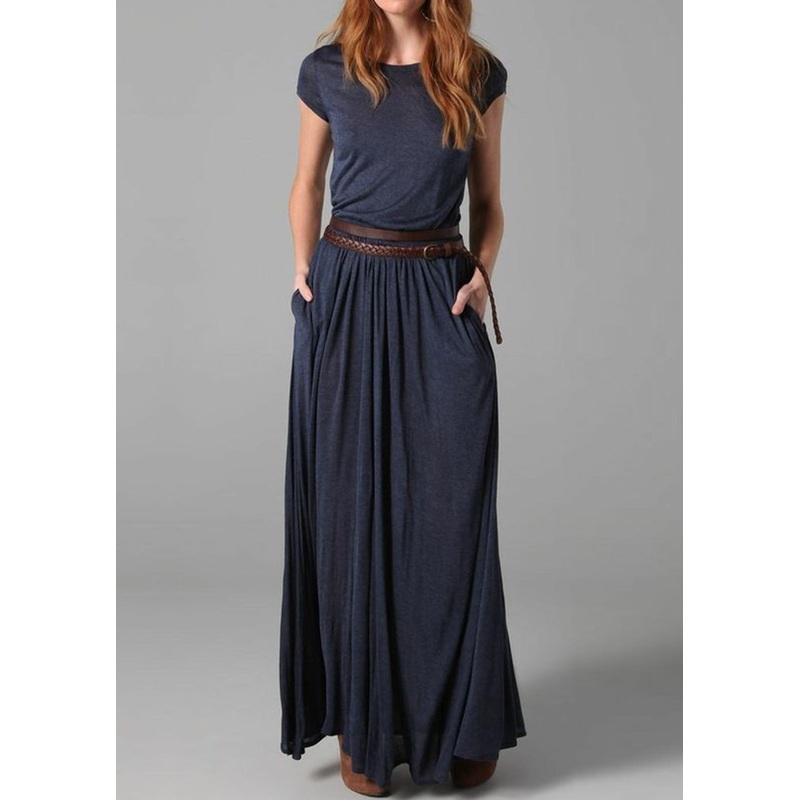 Women Summer Elegant Solid Color Crew Neck Dress