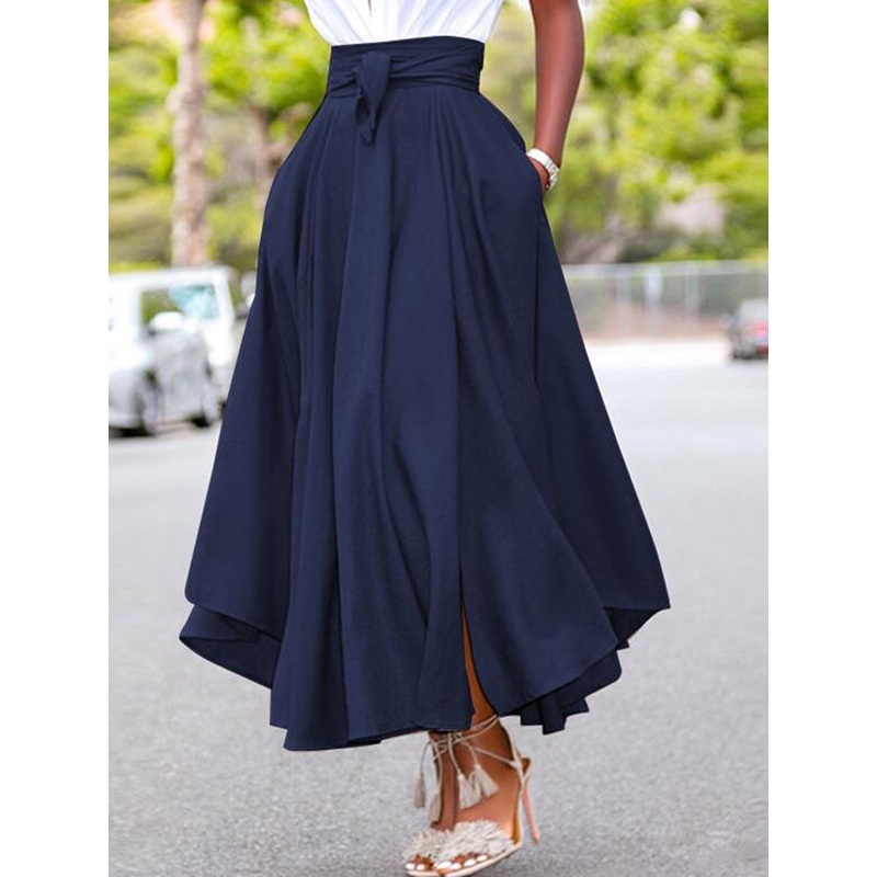 Women Summer Knot Front High Waist Slit Skirt