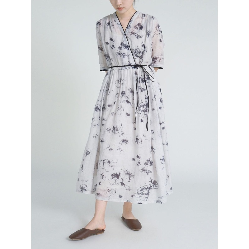 Women Summer National Ink Print Flower V-Neck Ramie Dress