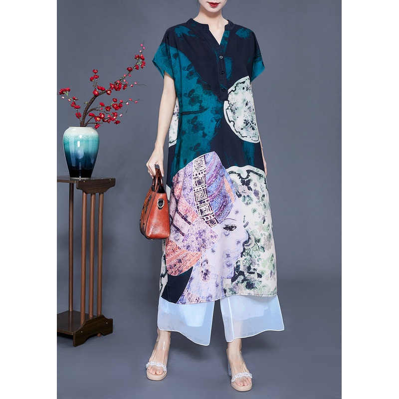Women V Neck Original Design Print Silk Long Dress Summer