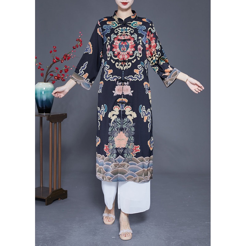 Art Black Mandarin Collar Chinese Button Print Silk Trench Coats Spring