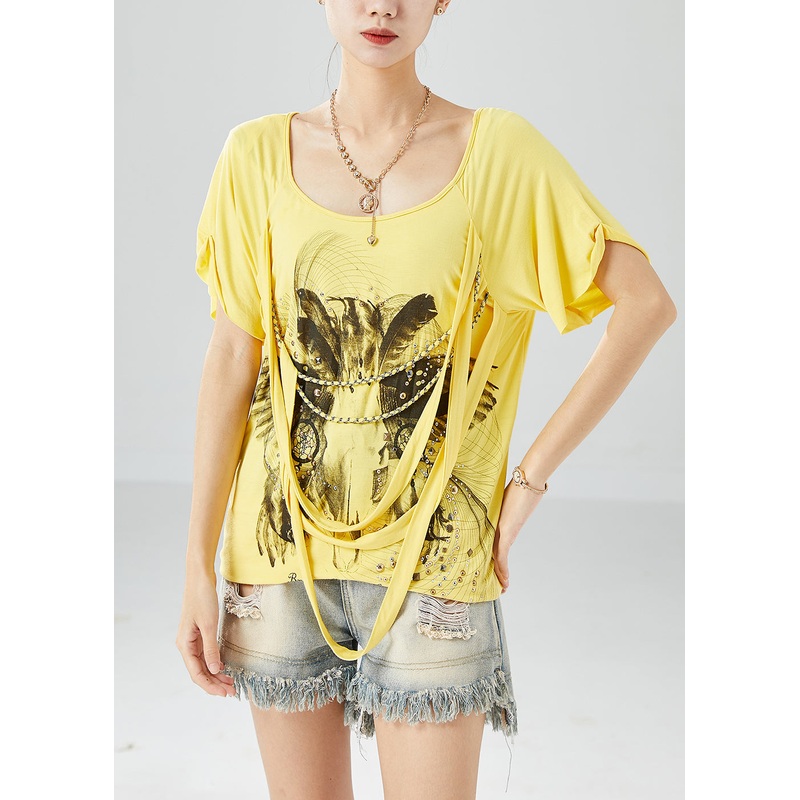 Art Yellow Asymmetrical Design Rivet Print Silk Tank Summer