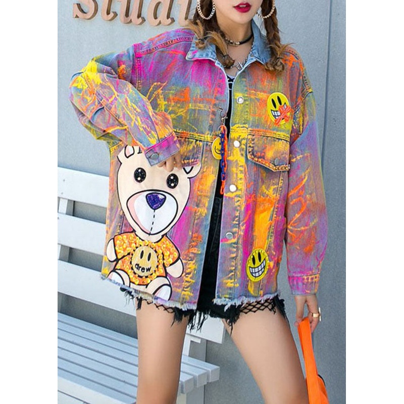 Art Yellow Graphic Zircon Nail Bead Patchwork Denim Coat Spring