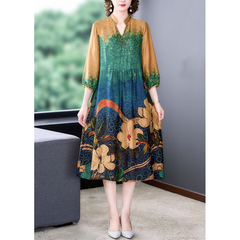 Art Yellow Stand Collar Print Wrinkled Patchwork Silk Dress Summer