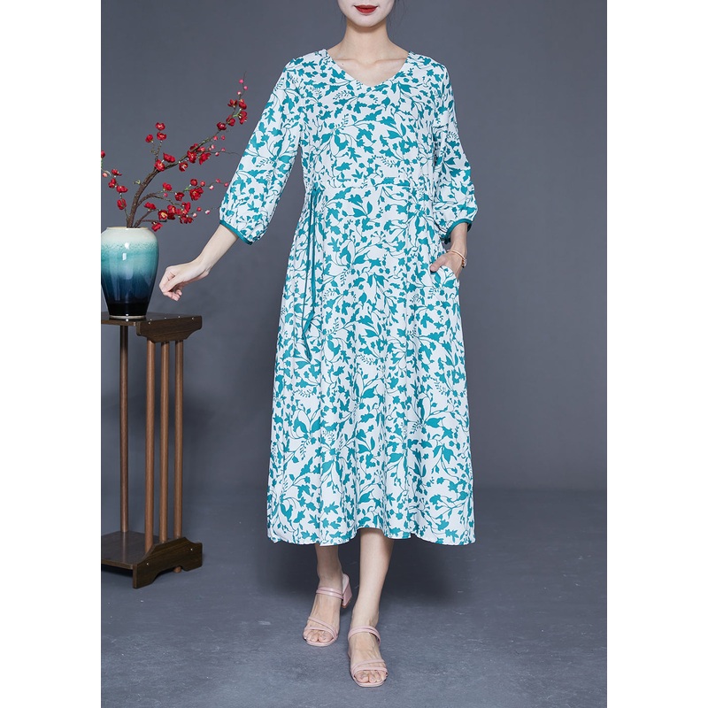 Beautiful Blue Print Tie Waist Pockets Silk Dress Bracelet Sleeve