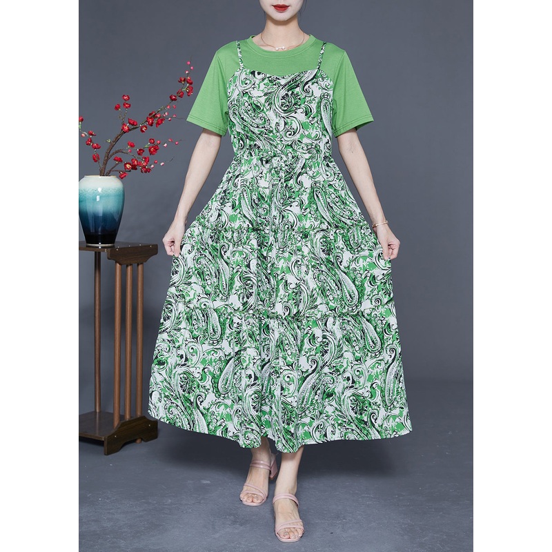 Beautiful Green O-Neck Patchwork Exra Large Hem Chiffon Fake Two Piece Dresses Summer