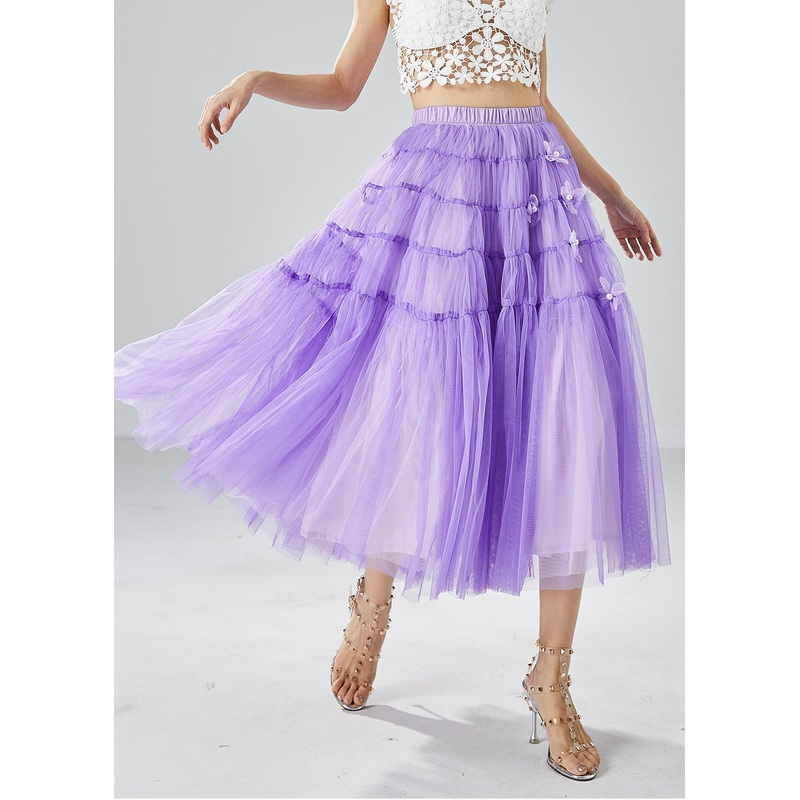 Beautiful Purple Wrinkled Patchwork Pearl Tulle Skirts Summer