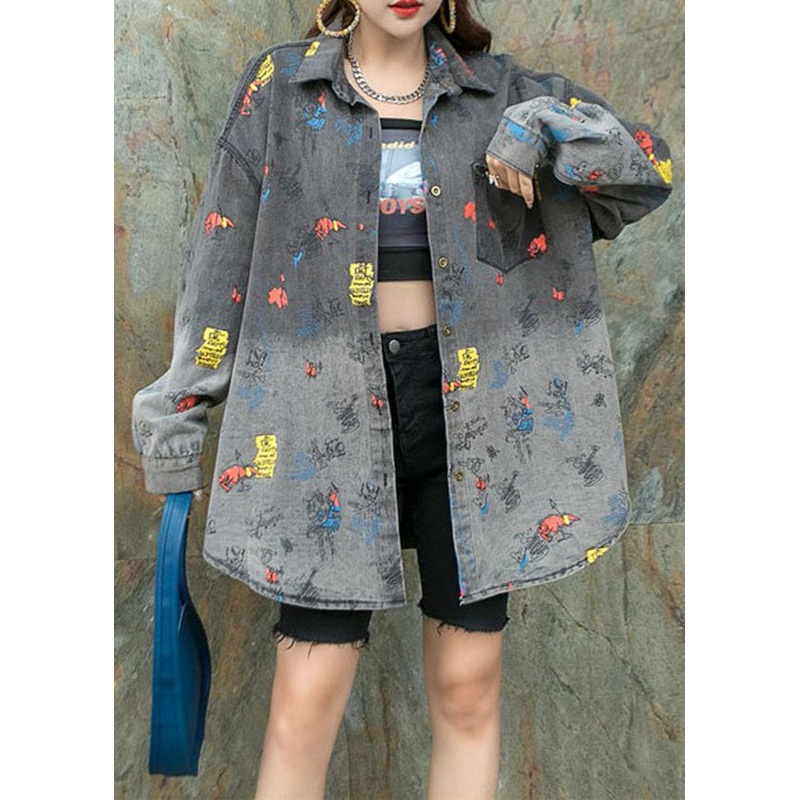 Black Grey Graphic Patchwork Denim Shirts Coat Peter Pan Collar Spring