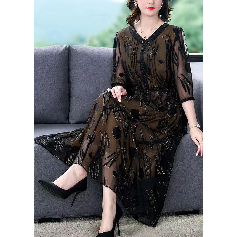 Black Patchwork Silk Dress V Neck Drawstring Wrinkled Summer