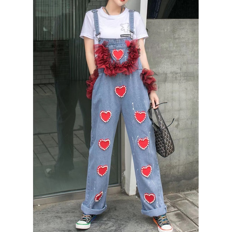 Blue Patchwork Spaghetti Strap Denim Jumpsuits Tulle Ruffled Heart Nail Bead Summer