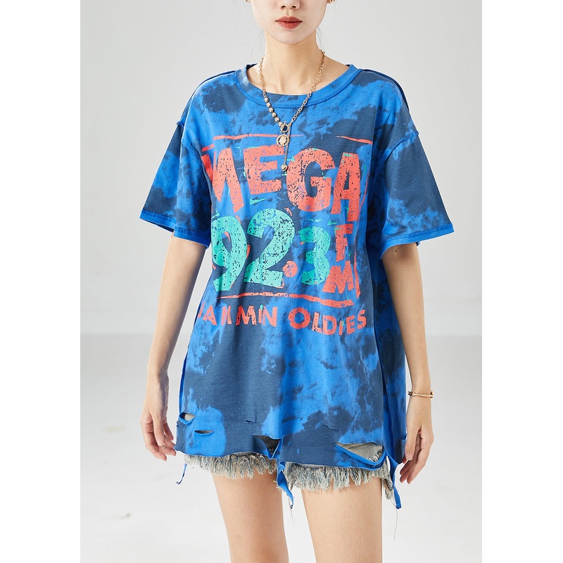 Blue Print Loose Cotton Ripped Tanks Tie Dye Summer