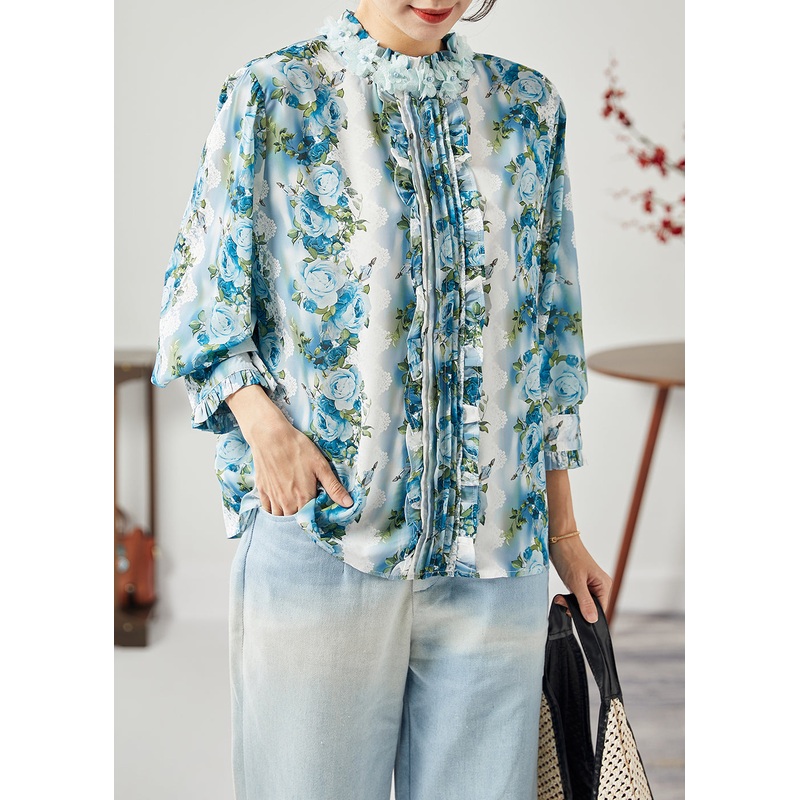 Blue Print Silk Shirt Top Stand Collar Ruffles Spring